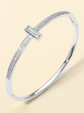Silver Cross T Bar Metal CZ Crystal Bangle Casual Statement Bracelet